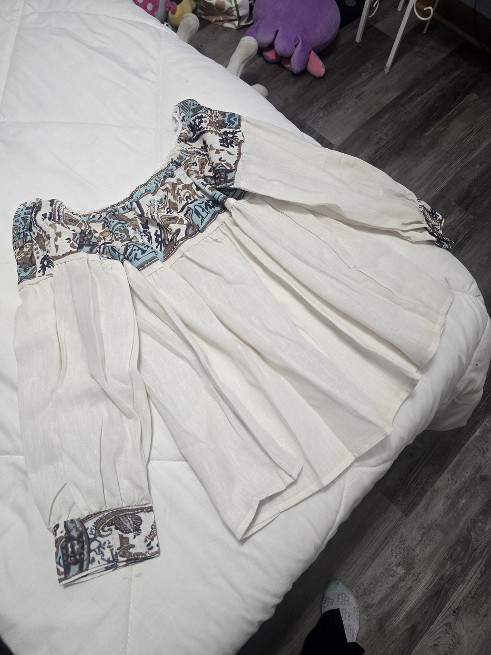 Boho Embroidered Peasant Top - Cream with Blue & Brown Accents